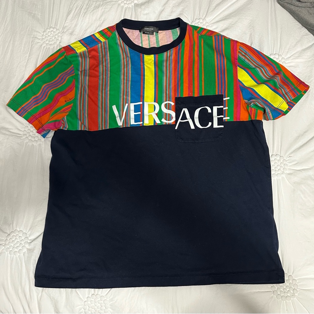 Versace Colorful Striped Tee with Navy Base